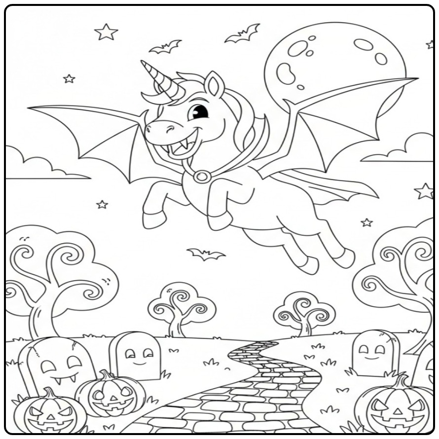 Fun Unicorn Witch for Halloween S at Night Flying coloring page