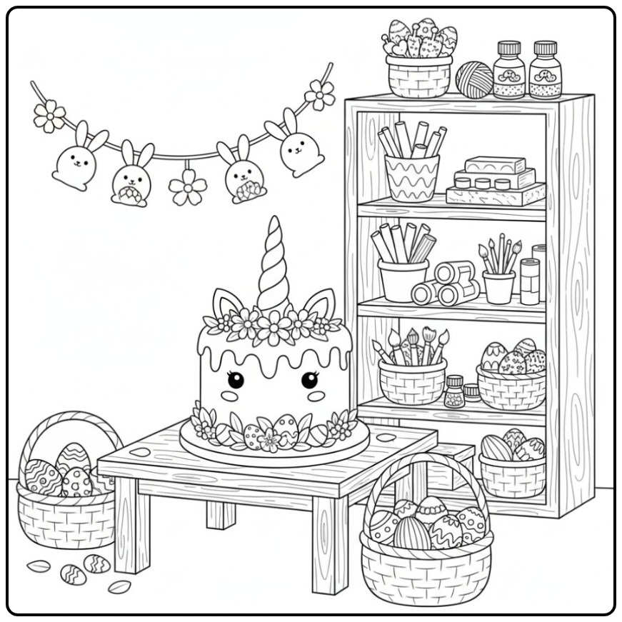 Fun Unicorn Easter Cake coloring page