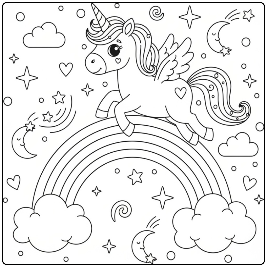 Fun Unicorn Rainbow in a Magical Night coloring page