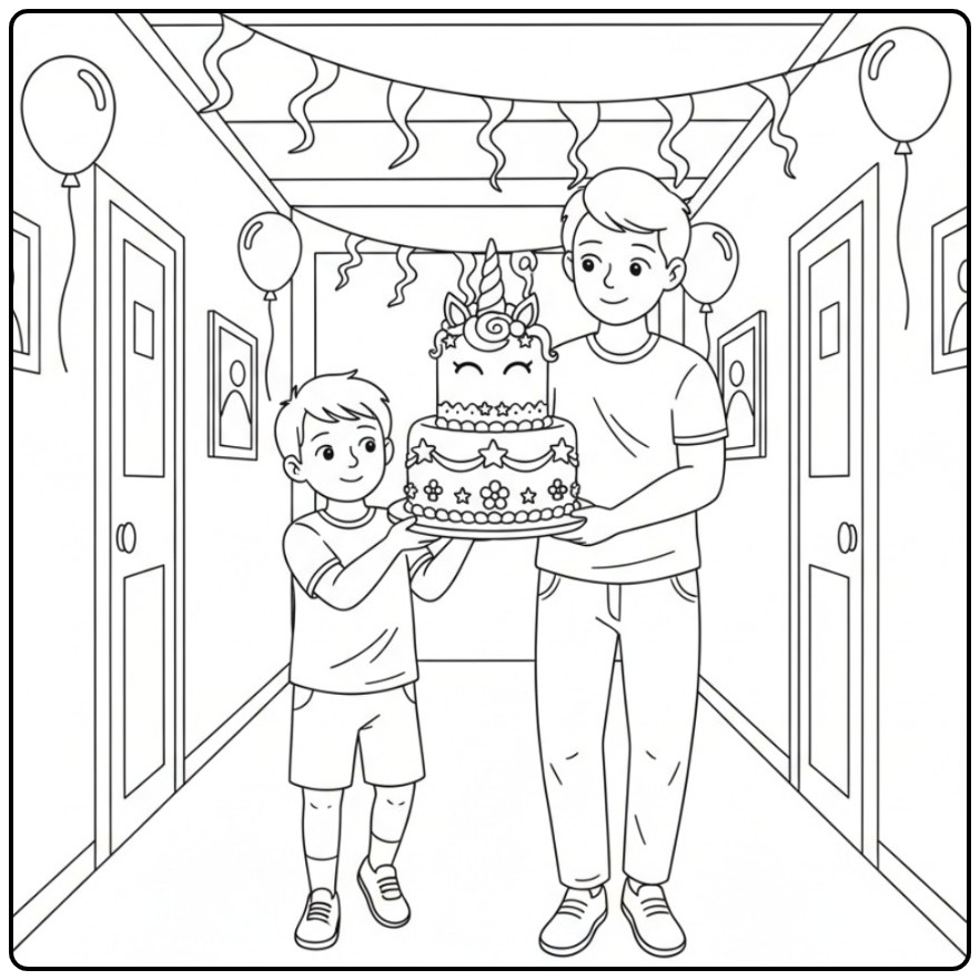 Fun Unicorn Cake for a Kinderverjaardag coloring page