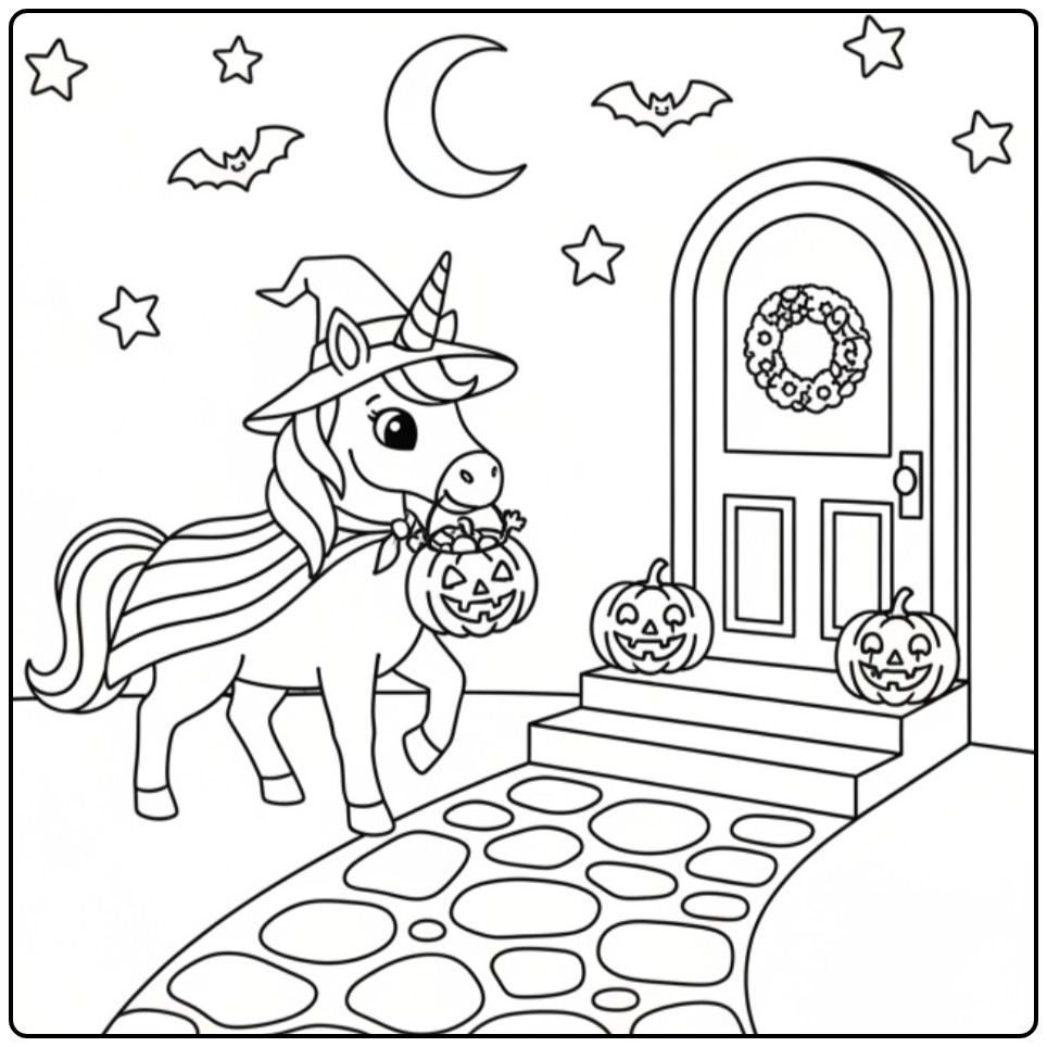 Fun Unicorn Trick or Treat with a Witch Hat coloring page