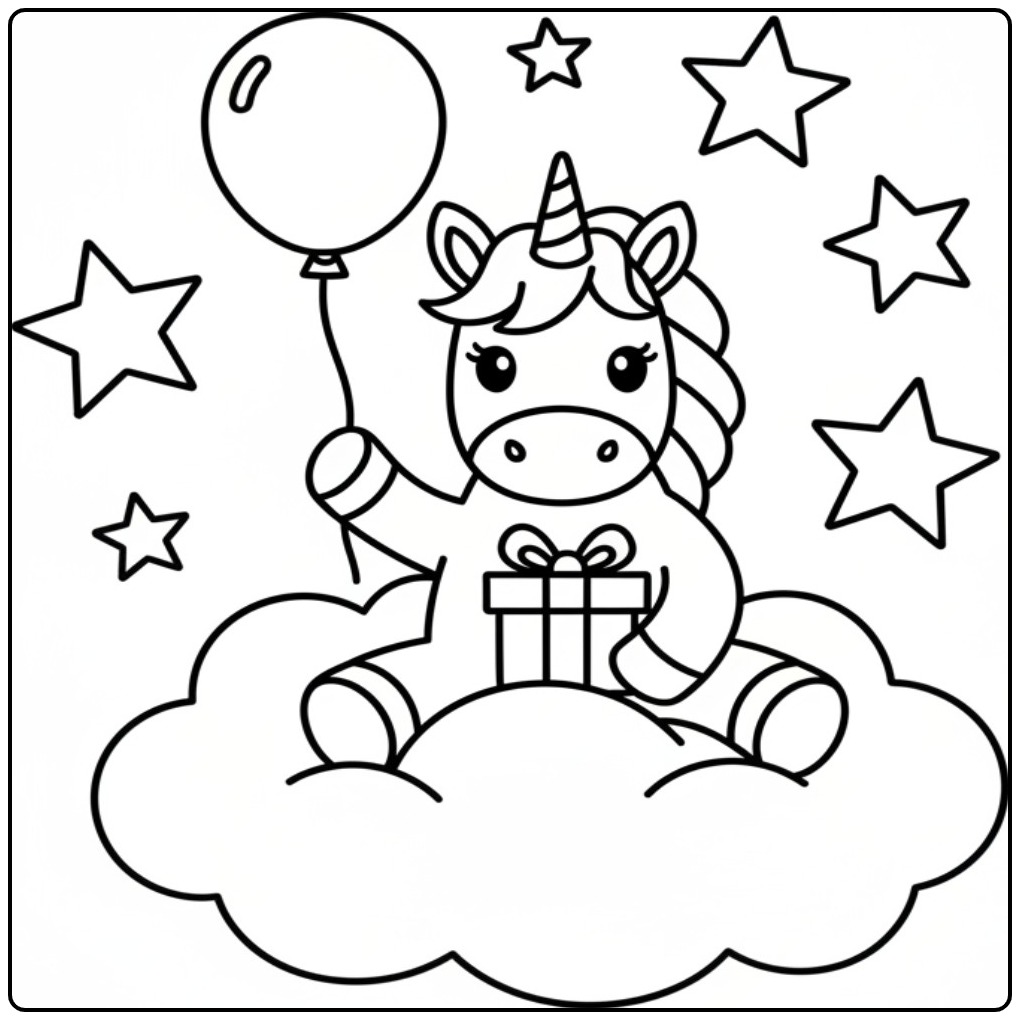 Fun Unicorn Birthday with Balloon and Gift coloring page