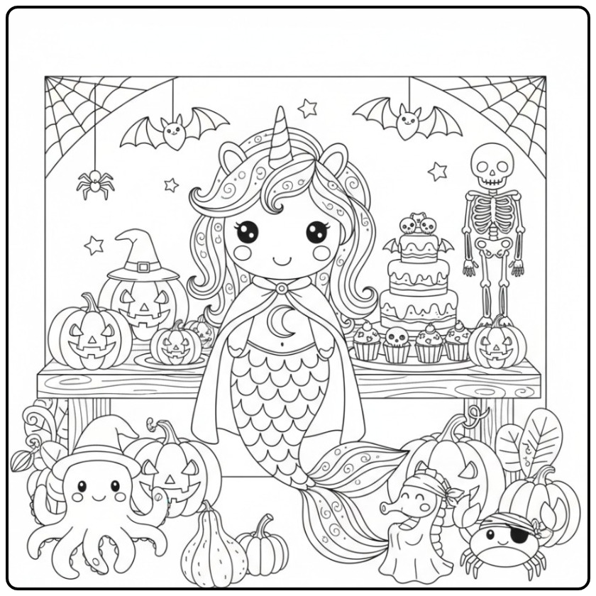 Fun Unicorn Mermaid Halloween for Children coloring page