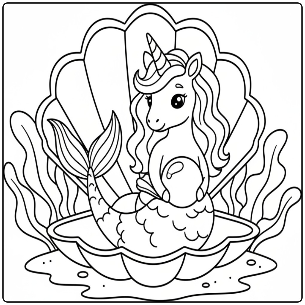 Fun Unicorn Mermaid with a Sparkling Pearl coloring page