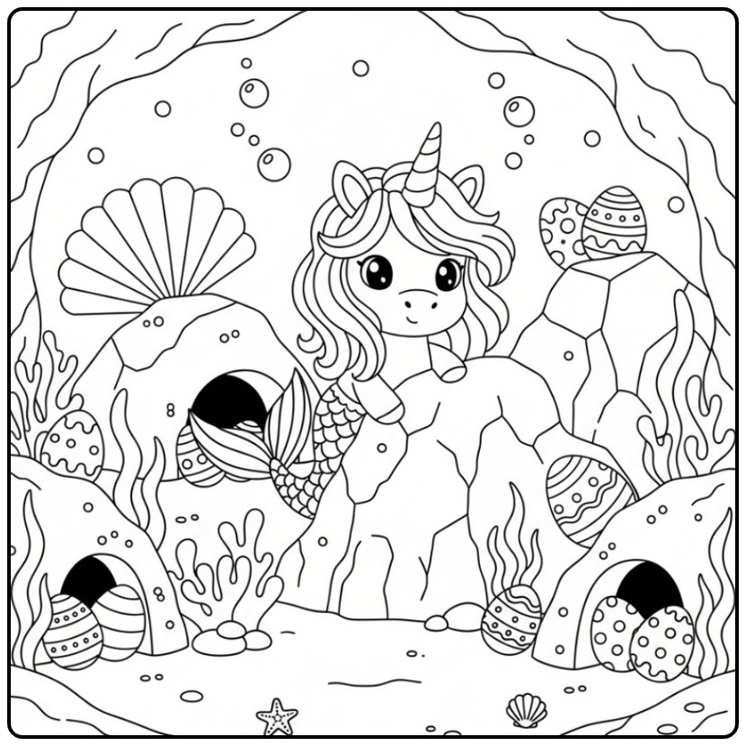 Fun Unicorn Mermaid with Eggs Easter in the Ocean coloring page