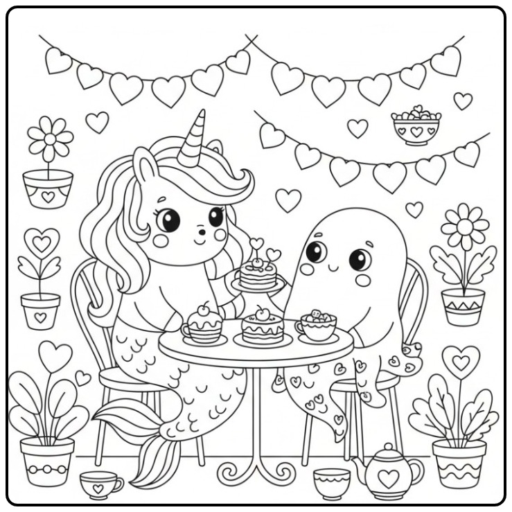 Fun Unicorn Mermaid with Hearts Valentine and Cake coloring page