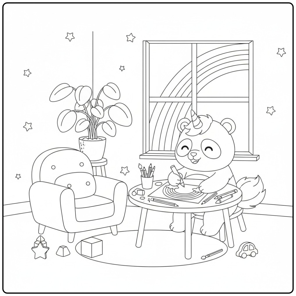 Fun Unicornpanda Rainbow in a Speelkamer coloring page