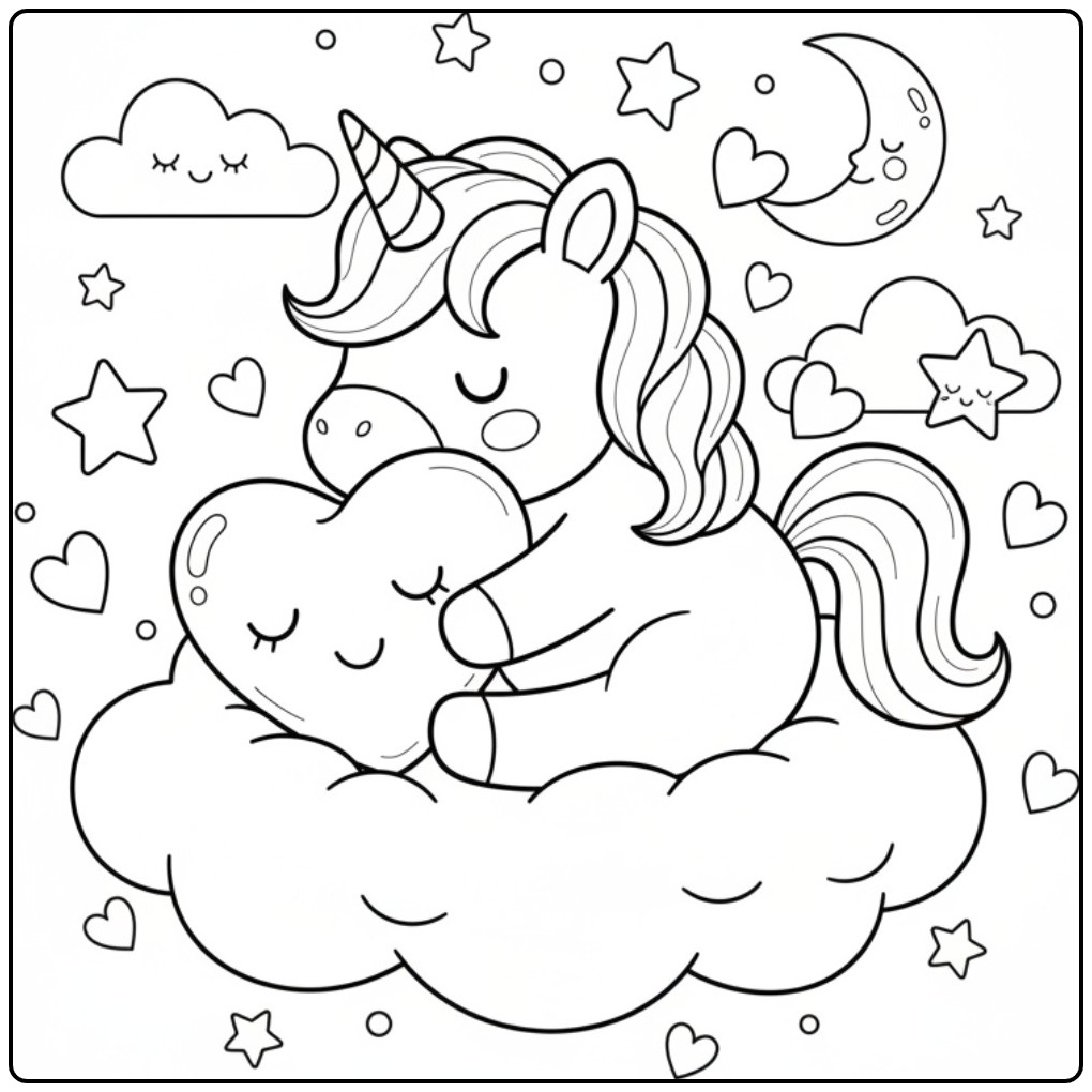 Fun Baby Unicorn with Heart Among the Stars coloring page