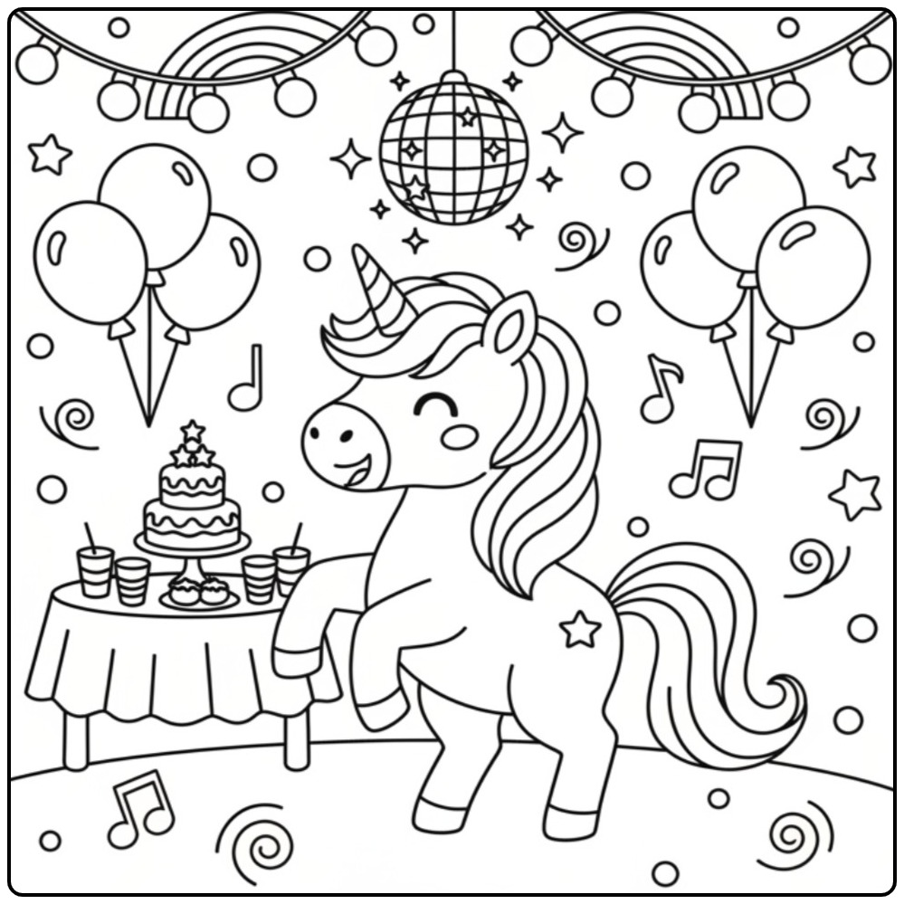 Fun Unicorn and Rainbow on a Birthday Party coloring page