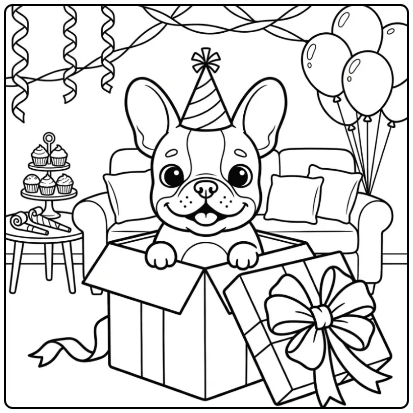 French Bulldog Birthday Puppy in a Large Gift Box coloring page