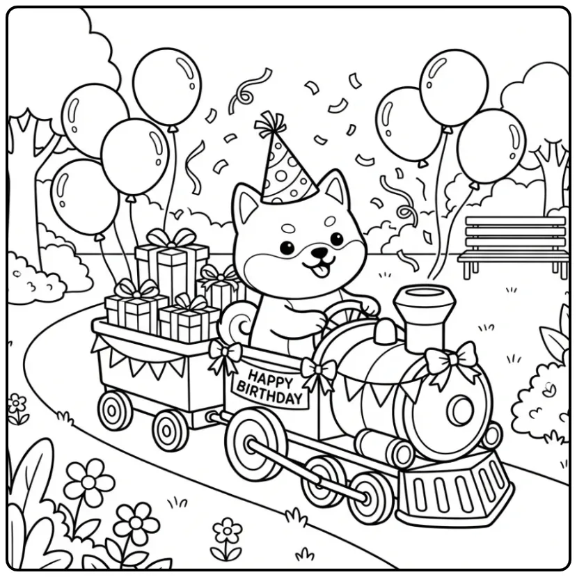 Shiba Inu Birthday Puppy Riding a Party Train coloring page