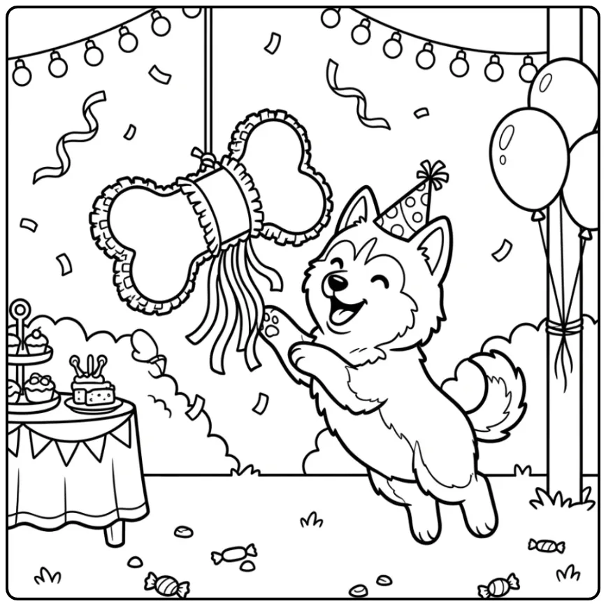 Husky Birthday Puppy with Party Hat and Pinata coloring page