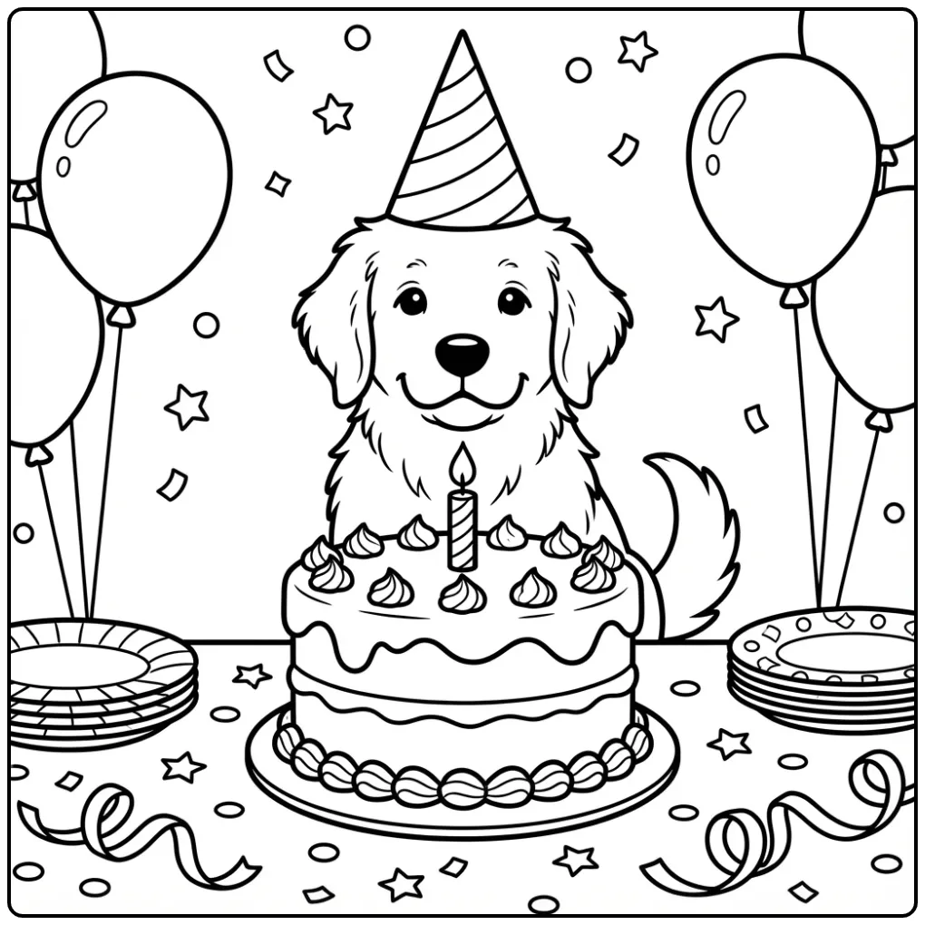 Fun Golden Retriever Birthday Puppy with Cake and Balloons coloring page