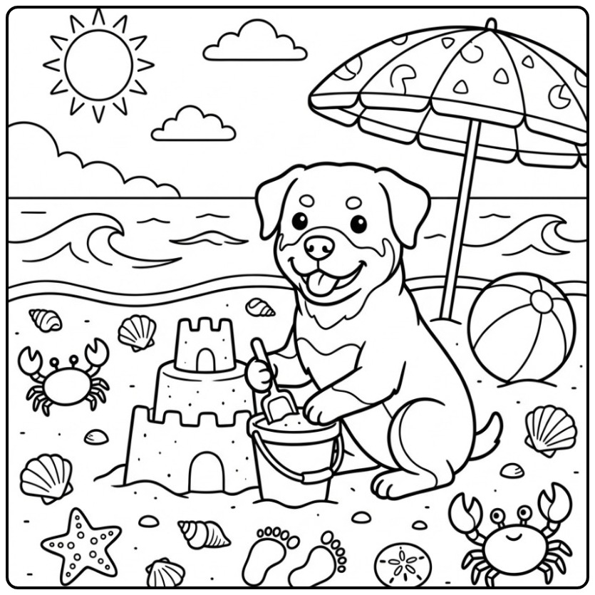 Rottweiler Building a Sandcastle at the Beach coloring page