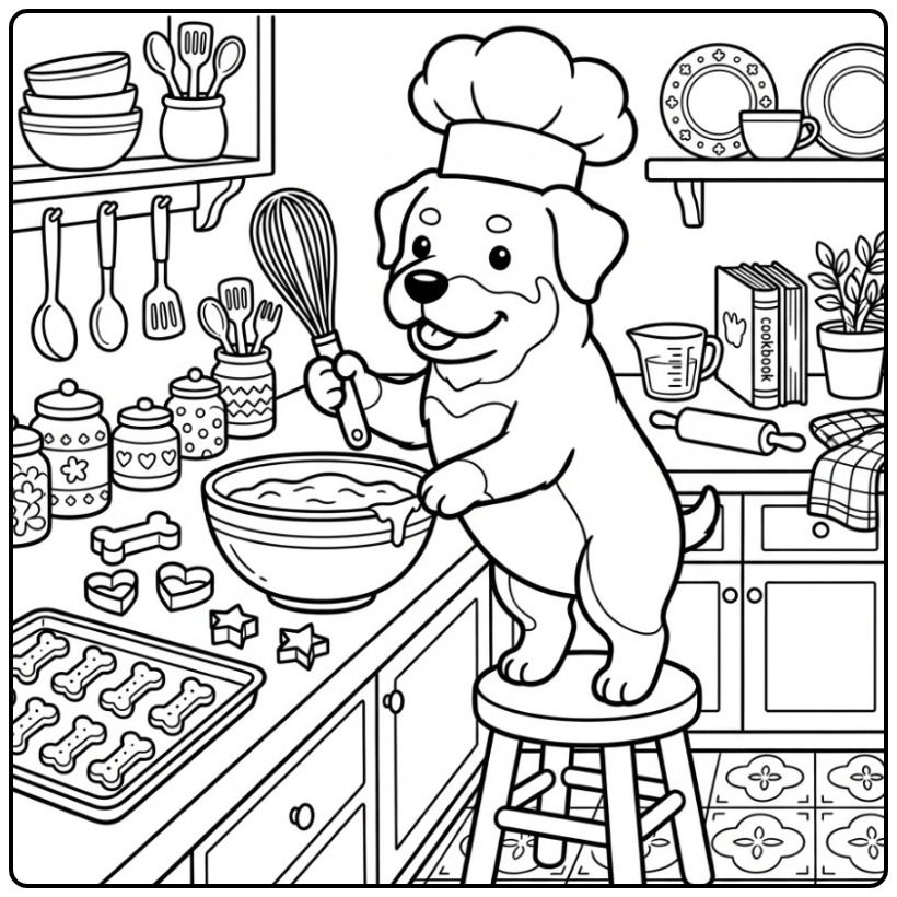 Rottweiler Chef Baking Dog Treats coloring page