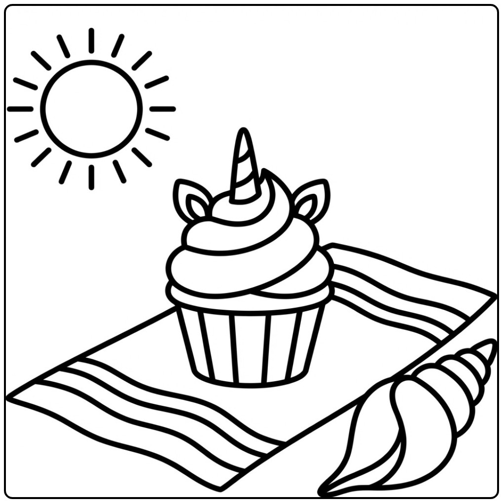 Fun Unicorn Cupcake a Summery Mood coloring page