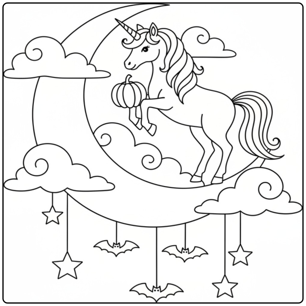 Fun Unicorn Halloween on the Moon with Bats coloring page
