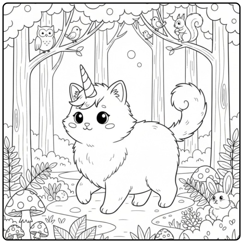 Fun Unicorn Cat Other Forest Animals coloring page