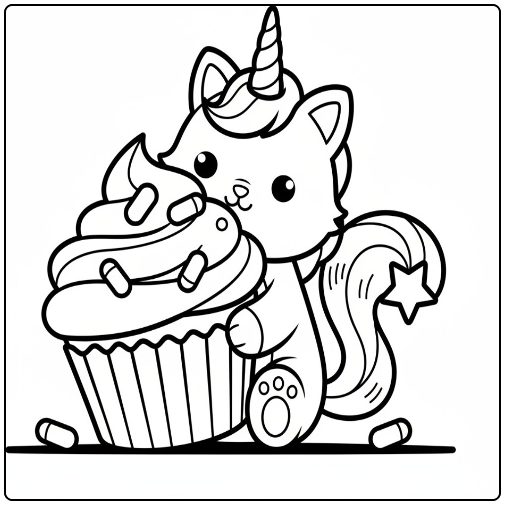 Fun Unicorn Cat a Cupcake coloring page