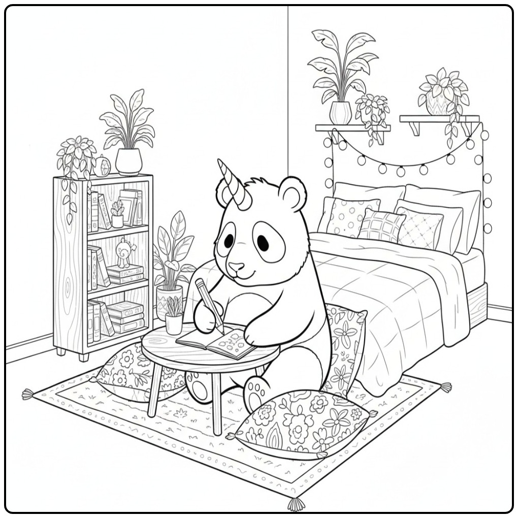 Fun Unicorn Panda Writing in a Diary coloring page