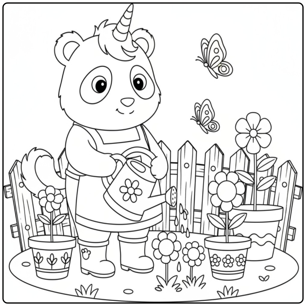 Fun Unicorn Panda in a Beautiful Flower Garden coloring page