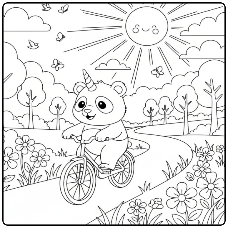 Fun Unicorn Panda for a Cheerful Bicycle Adventure coloring page