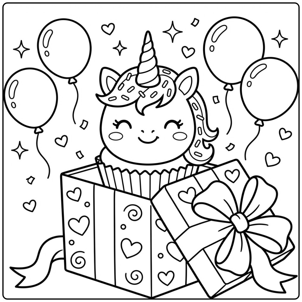 Fun Valentine Unicorn Cupcake in a Gift Box coloring page