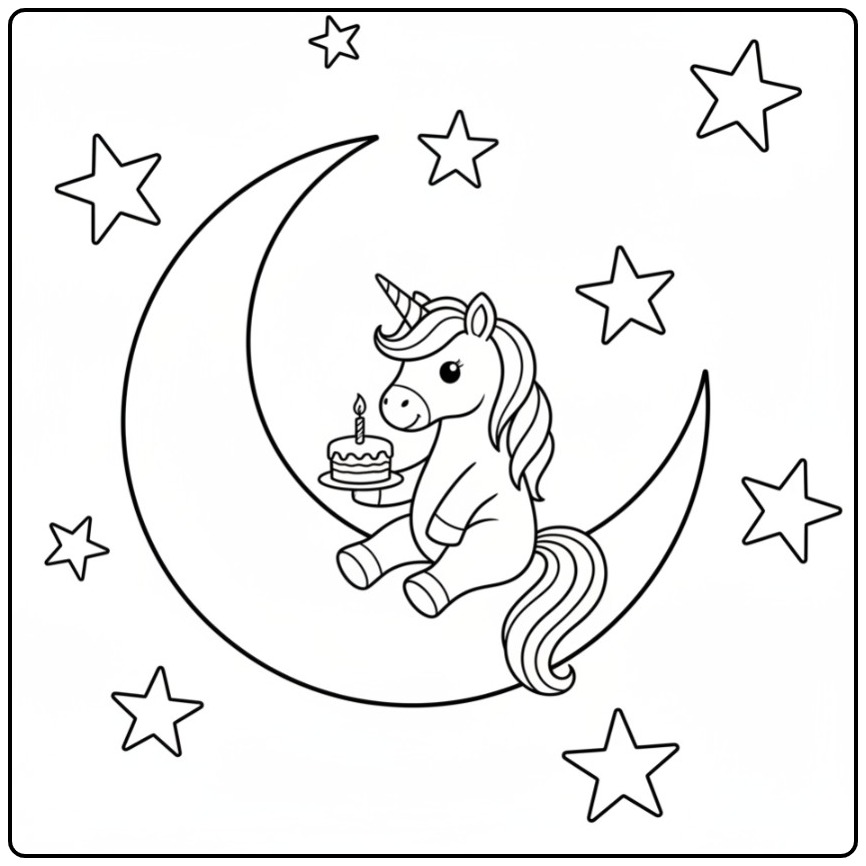 Fun Birthday Cake Unicorn on the Moon coloring page