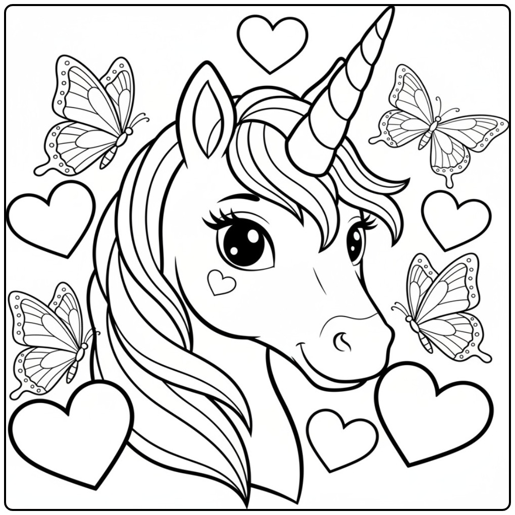 Fun Unicorn in with Many Butterflies and Hearts coloring page