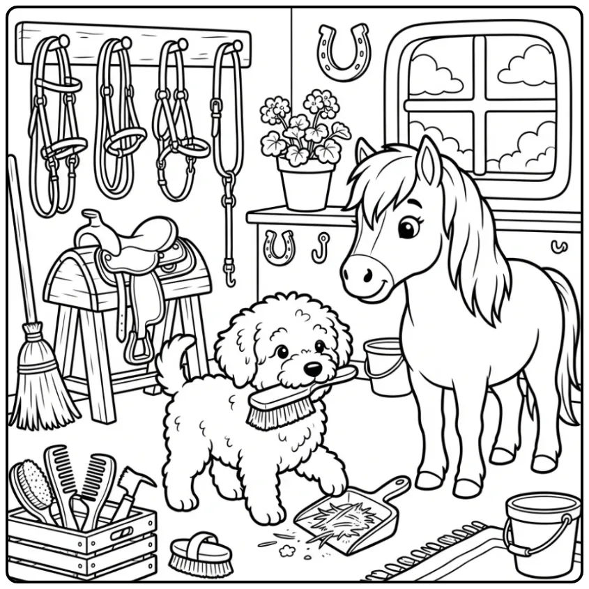 Wetterhoun Helping a Pony in a Tack Room coloring page