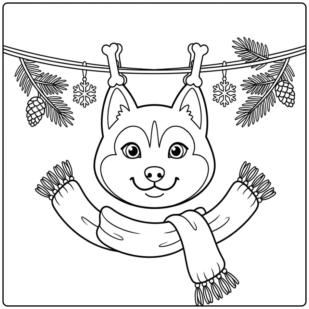Siberian Husky Dog Mask with Winter Decorations coloring page