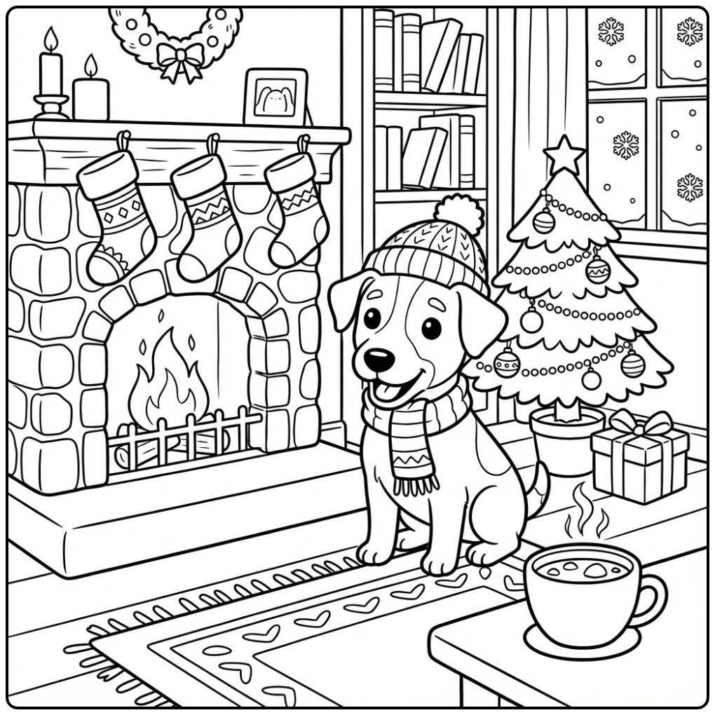 Christmas Jack Russell by the Fireplace coloring page