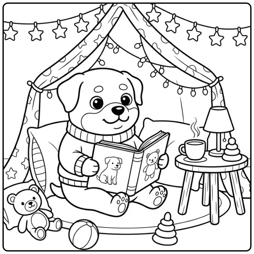 Rottweiler Reading in a Pillow Fort coloring page