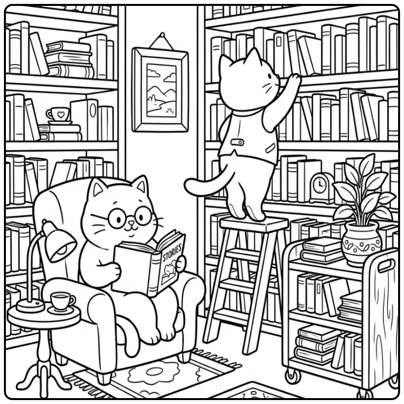 Adult cats coloring page in a library