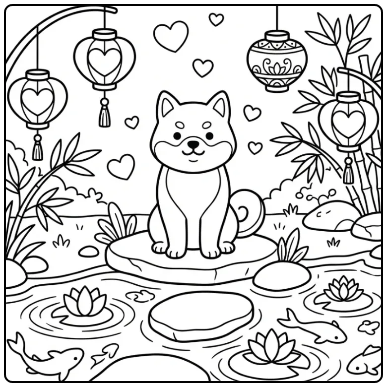 Shiba Inu in a Garden with Heart Lanterns coloring page
