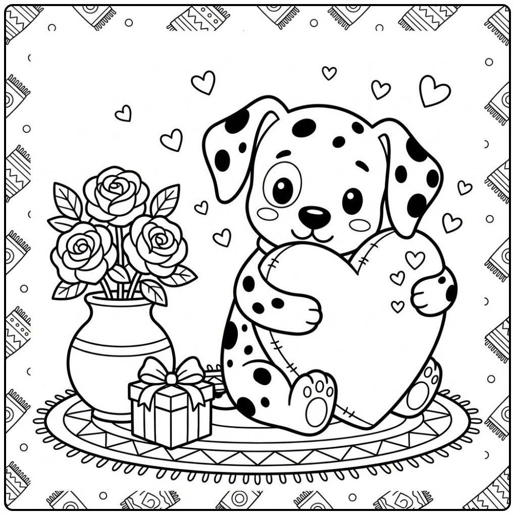 Loving Puppy Dalmatian with Flowers and Gift coloring page