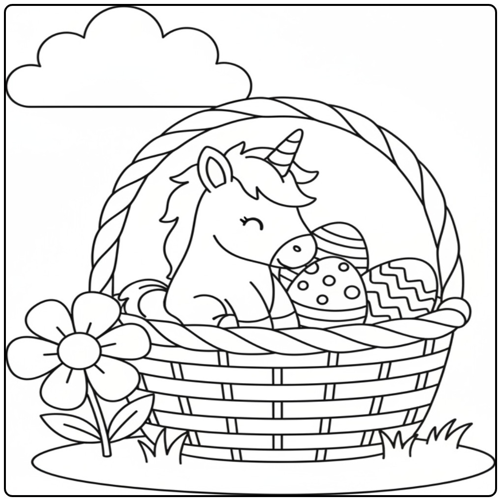 Sweet Baby Unicorn Easter Eggs in the Basket coloring page