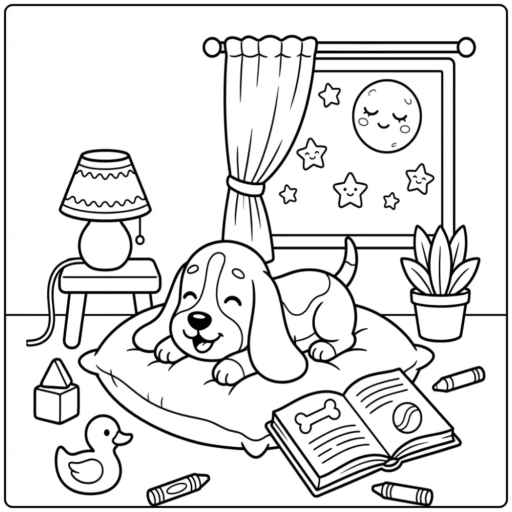 Sweet Easy Basset Hound Puppy with Book coloring page