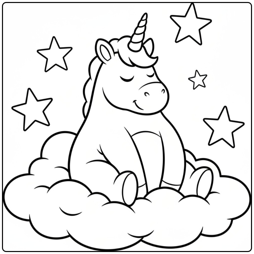 Sweet Dromen on Cloud a Unicorn Easy coloring page