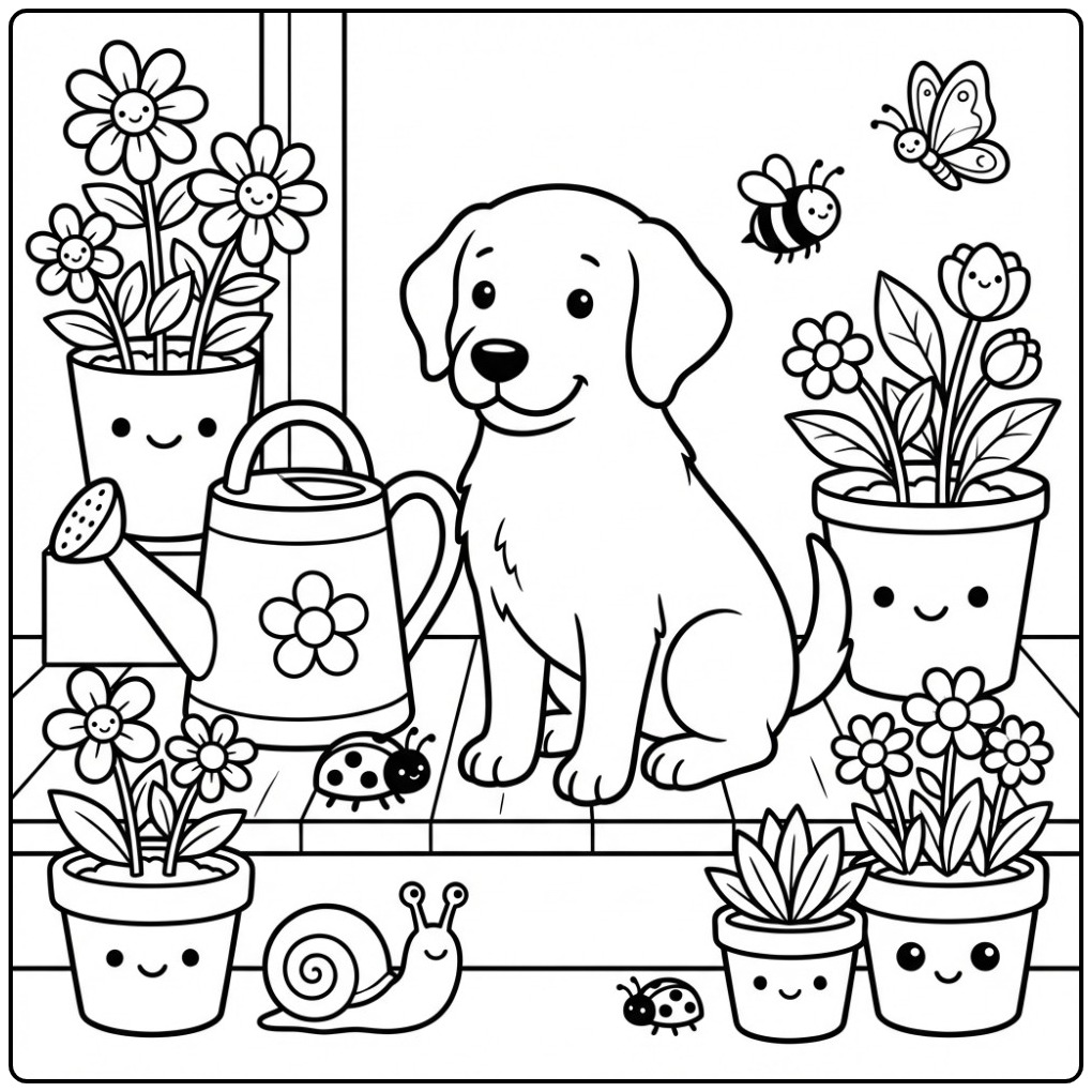 Sweet Dog Labrador with Flowers and a Watering Can coloring page