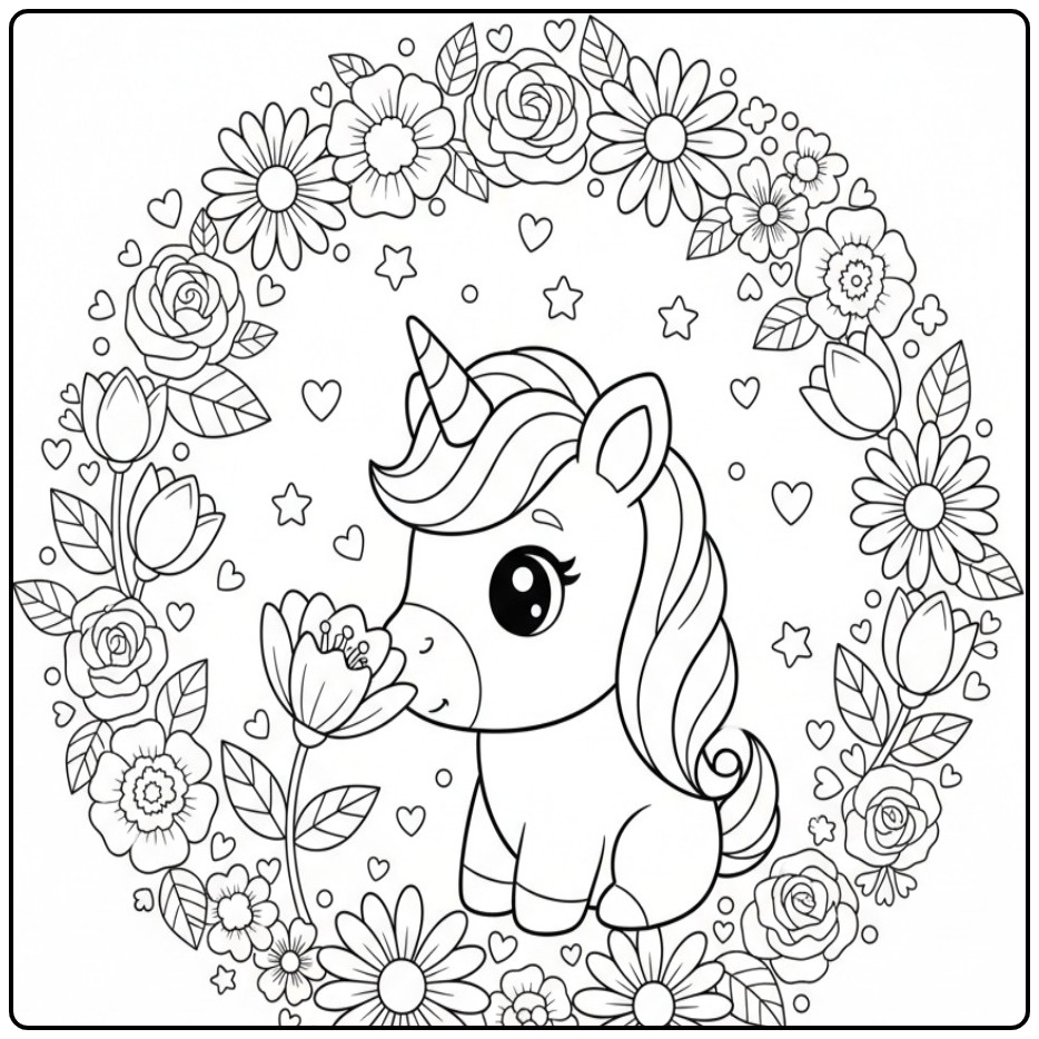 Sweet Baby Unicorn with Flowers and Little Stars coloring page