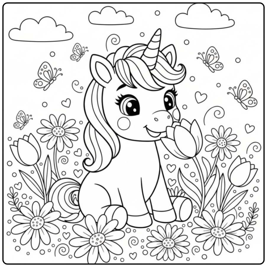 Sweet Baby Unicorn with Flowers in a Meadow coloring page