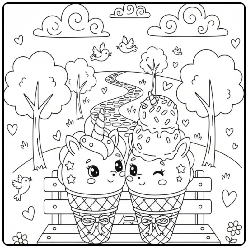 Sweet Unicorn with Ice Cream in a Cone Ready coloring page
