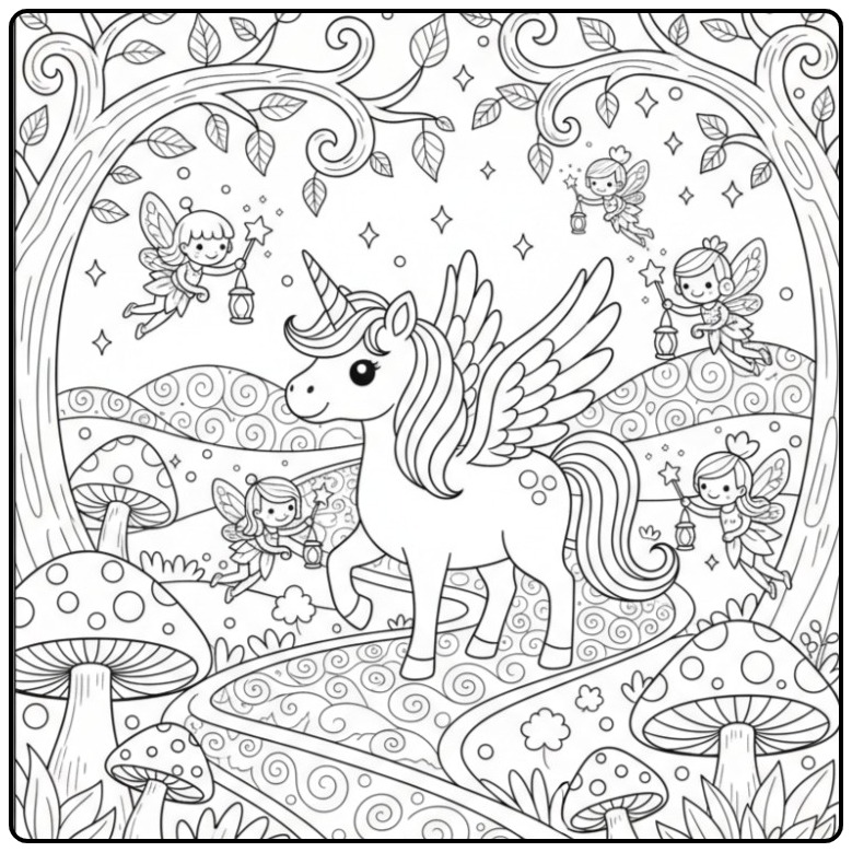 Sweet Unicorn with Wings and Feenvriendjes coloring page