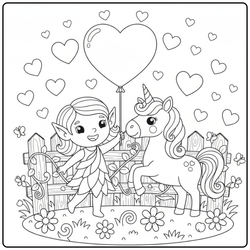 Sweet Fairy and Unicorn with Hearts coloring page