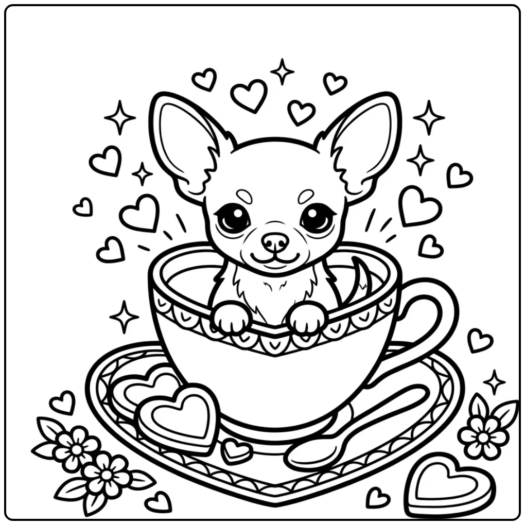 Chihuahua in a Heart-Shaped Teacup coloring page