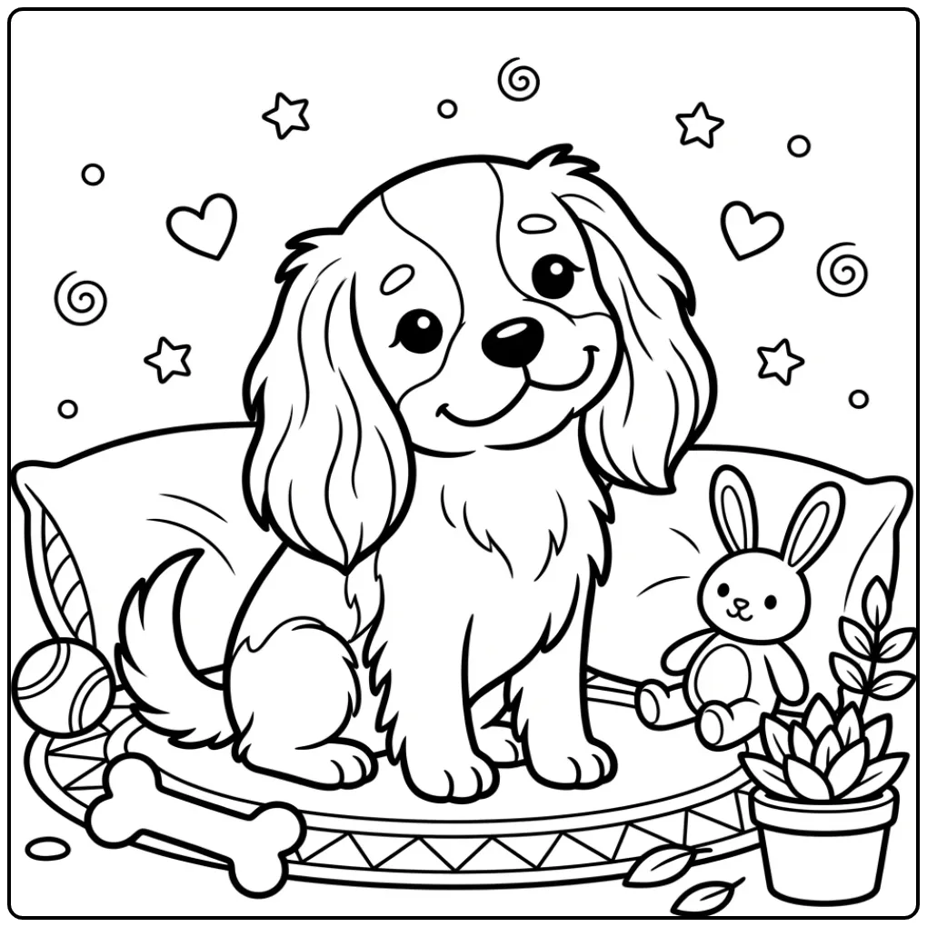 Sweet Cute Dog with Toys and Cushions coloring page