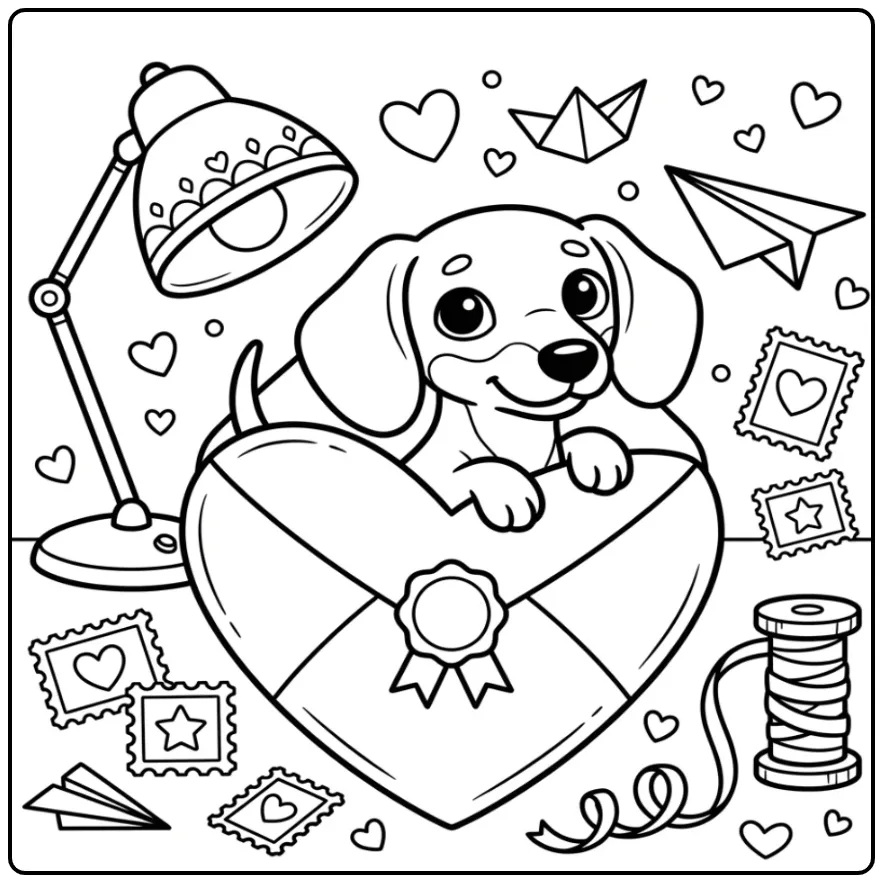 Sweet Puppy with Heart and Envelope coloring page
