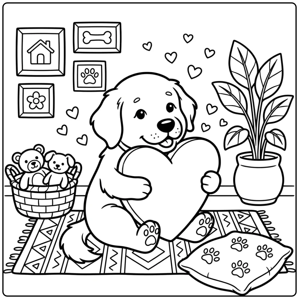 Sweet Puppy with Heart in the Living Room coloring page