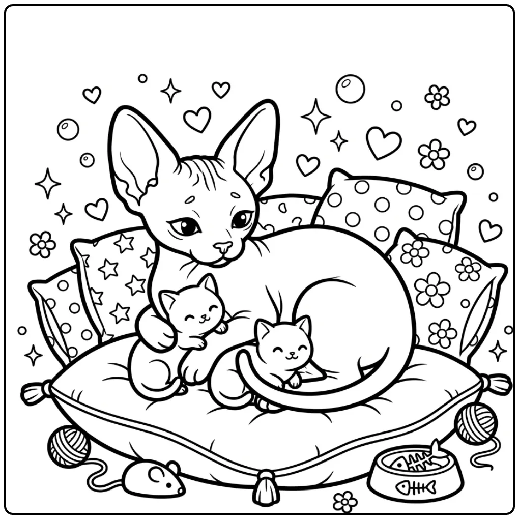 Sweet Cat and Kittens with Hearts and Cushions coloring page
